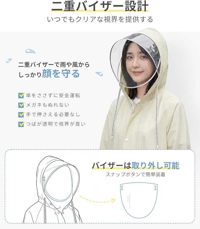 2026新版 レディースレインコート 二重透明レインバイザー付き リュック対応 カッパ ポンチョ レインポンチョ EVA 軽量 フェスレインコート クリア視野 バイク 通学 通勤 2