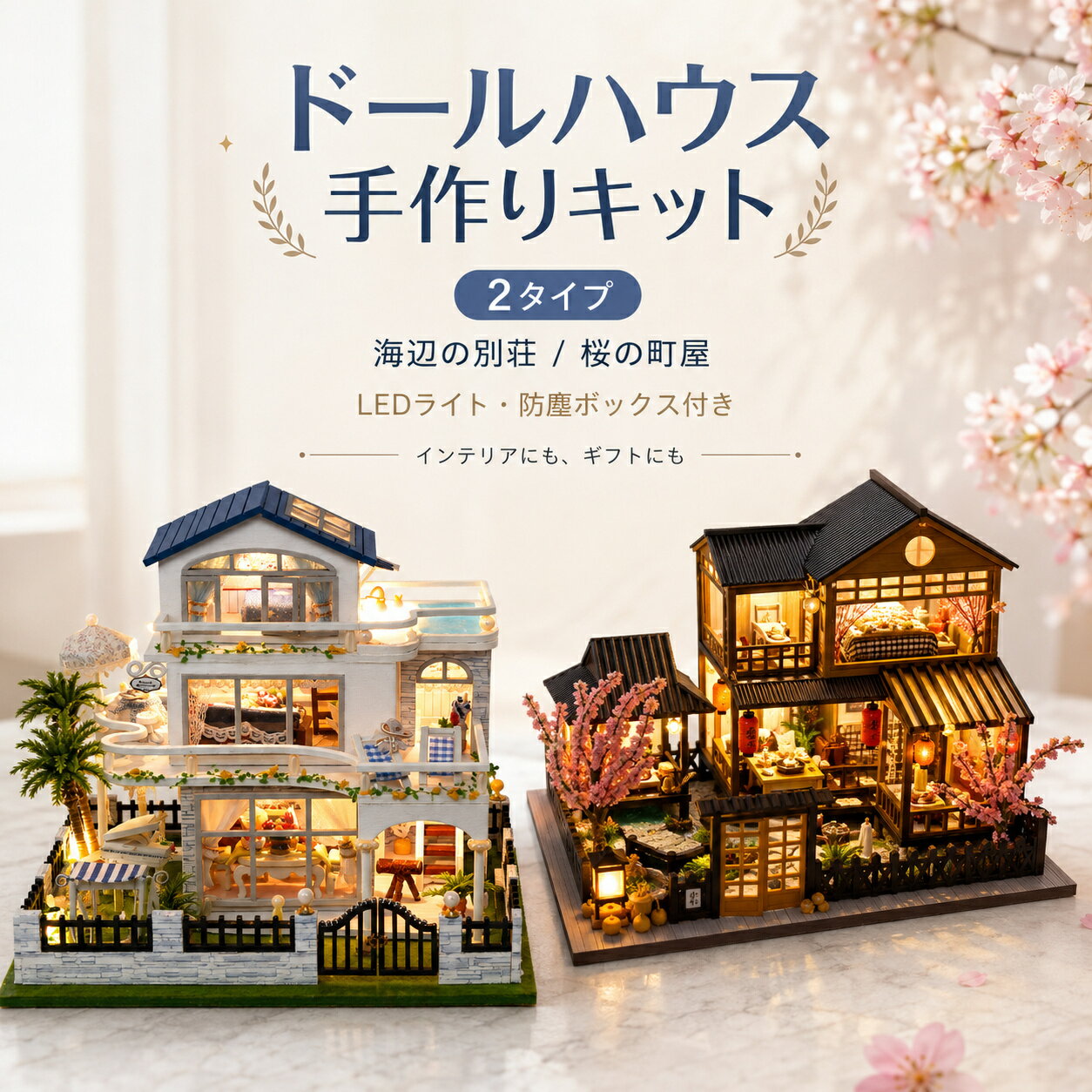 ドールハウス 手作りキットセット ミニチュア ミニ家具工芸品キット 防塵ボックス付き 木製　LEDライト イラスト説明書付き 子供 初心者 大人 インテリア 誕生日 クリスマス プレゼント ドールハウス 手作りキットセット ミニチュア ミニ家具工芸品キット 木製 LEDライト 子供 初心者 大人 インテリア 誕生日 クリスマス プレゼント タイプ：海辺の別荘、桜の町屋「海辺の别墅」地中海のビーチリゾートヴィラをインスピレーションに、陽光とリゾート感あふれるヨーロッパ風のミニチュア豪邸を再現しました。清潔感のある白とブルーの配色を基調に、ルーフトッププール、ヤシの木、ガーデンフラワーなどを取り入れ、海辺の別荘ののんびりとしたバケーションの雰囲気を再現しています。「桜の町屋」日本の伝統的な「町家」をモチーフに、桜と和風庭園に包まれた癒しの小さな家を再現しました。原木の温かみのあるトーンを基調に、提灯、鯉のぼり、禅意の茶亭などの和風要素を取り入れ、京都の古い町屋の穏やかで雅な雰囲気をそのまま再現しています。「細部まで再現された空間」リビングや寝室、庭園まで細部まで再現。LED ライト付きで、灯りを灯すと幻想的な雰囲気が広がります。「初心者に優しい組立キット」立体ジグソーパズルは初めて？ 大丈夫、ここから始めればジグソーパズルの魅力がわかります！ 初心者向けの組み立てキット、大人も子供も遊べますリラックスタイムや親子の時間など、様々なシーンで活用できます。「ギフトに最適」子供たちにとって、パズルのピースひとつひとつが成長の足跡であり、探求の中で幸せと知恵を収穫できますように！ 恋人たちにとって、愛はジグソーパズルのようなもので、それぞれのピースはユニークで、組み合わさって初めて完全な幸福となる！ 忙しい毎日の中で、安らぎのひとときを見つけ、パズルがもたらす集中力と楽しさを満喫できますように！ 5