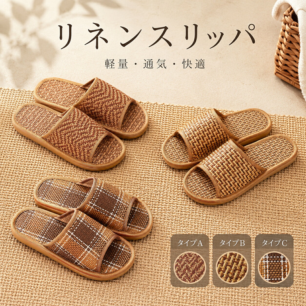 Rakuten - スリッパ ルームシューズ レディース メンズ サンダル 静音 滑り止め 春夏秋 亜麻 リネン 来客用 室内履き 麻 軽量 通気性がいい ギフト
