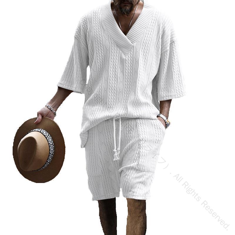 ジャガード織り 5分袖カットソー×ハーフパンツ 夏セットアップ メンズ ゆったりルーズシルエット 上下セット カジュアル 涼感素材 快適な着心地 125cm