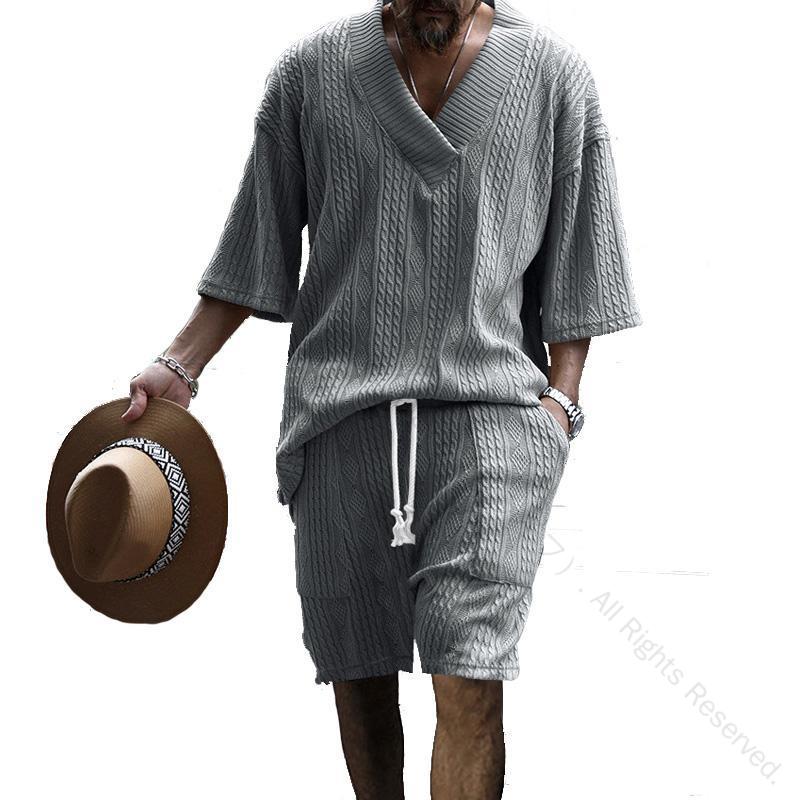 ジャガード織り 5分袖カットソー×ハーフパンツ 夏セットアップ メンズ ゆったりルーズシルエット 上下セット カジュアル 涼感素材 快適な着心地 125cm