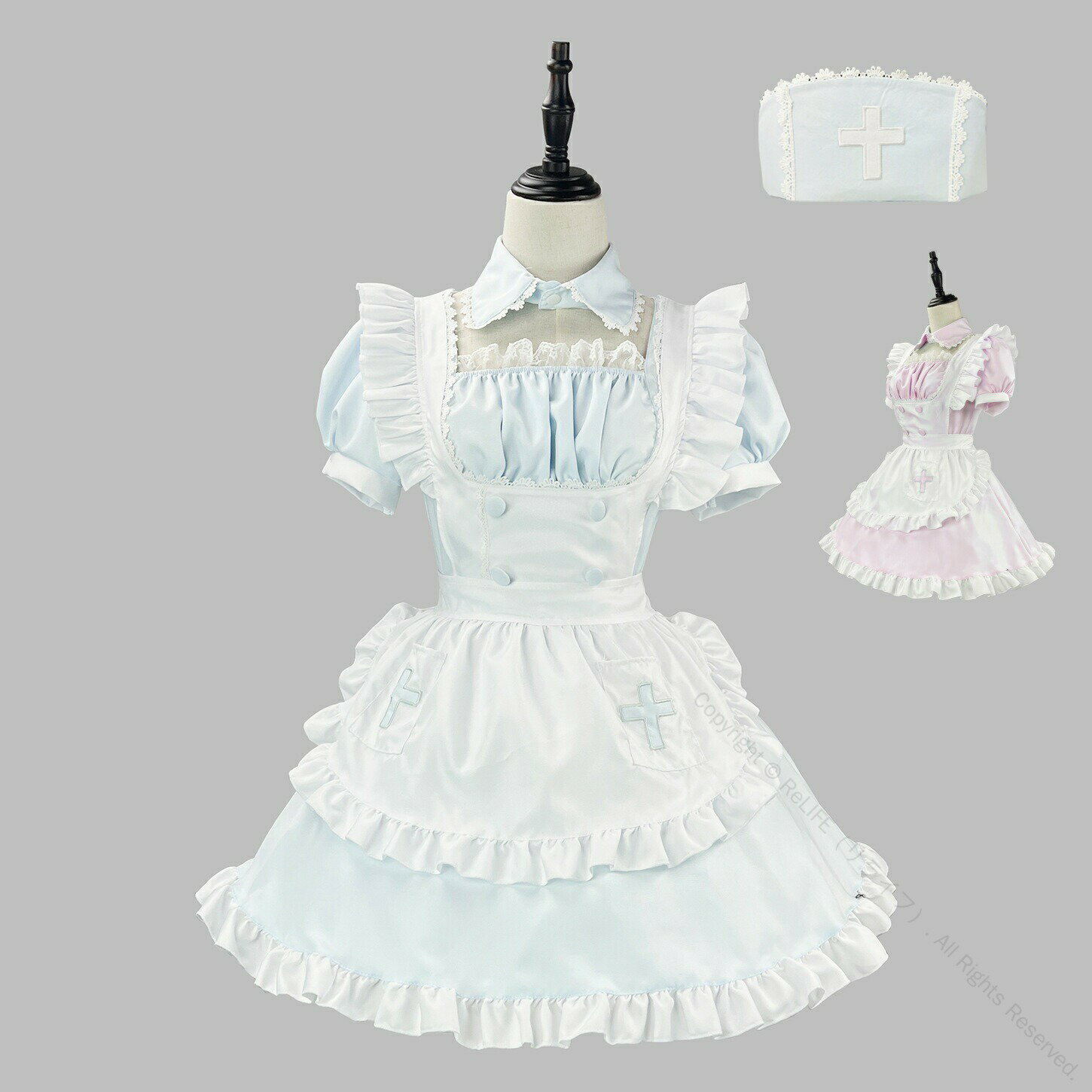 メイド服 天使風 水色 桃色 レディース舞台衣装 膝丈 エプロン付き イベント ハロウィン フリル 文化祭..