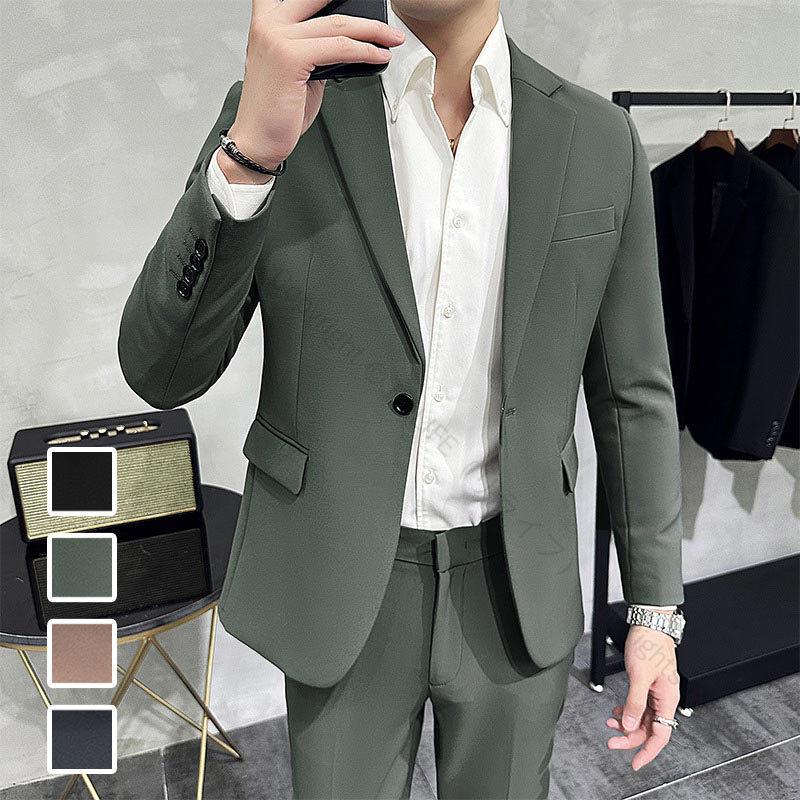 全4色 メンズスーツ 無地 オフィススーツ セットアップ メンズ セレモニースーツ タキシード スリム パンツスーツ 上下セット 結婚式 紳士服 ビジネススーツ 二次会 成人式 カジュアルスーツ 通勤 就職活動 面接 2点セット 黒 緑 ブラウン スーツセット M~4XL対応