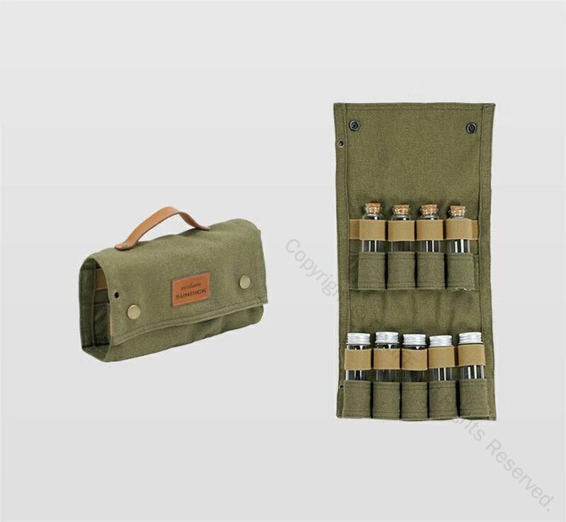 スパイスボックス キャンプ アウトドア 調味料ケース ソロ用 無骨デザイン 所作 経年変化が楽しめる キャンバス生地 銅ボタン ガラスボトル付き プレゼントに最...