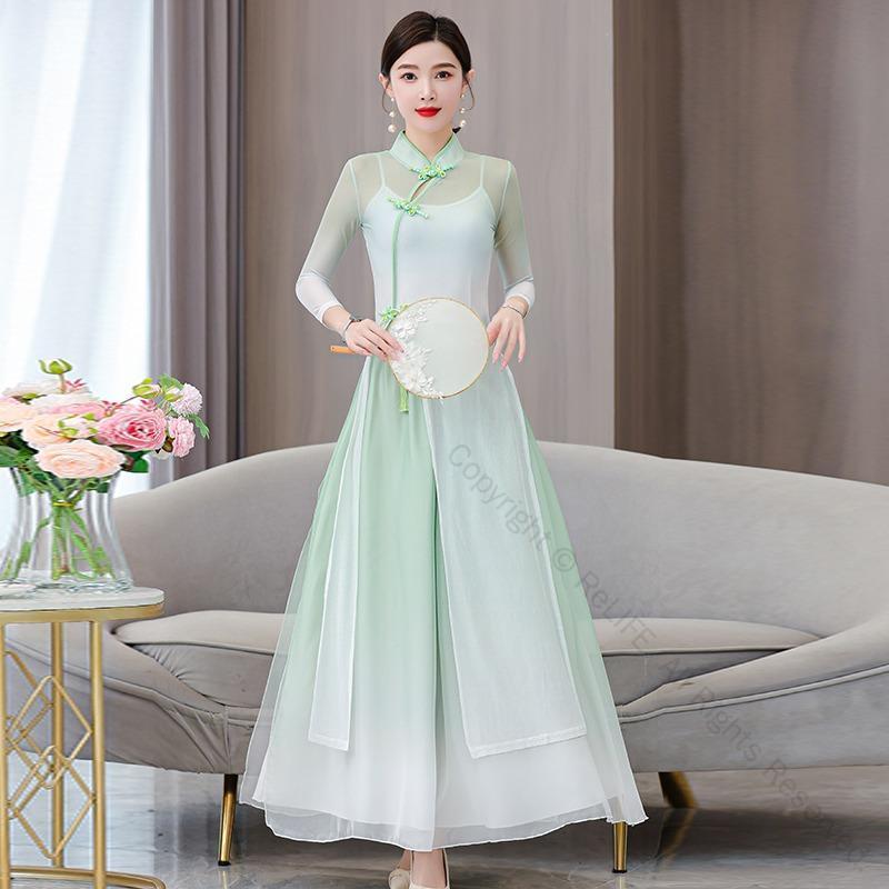 アオザイ 衣装 チャイナドレス レディース ロング丈 大きめサイズ スタンドカラー ハイウエスト ジップアップ 七分袖 夏用 緑 青 花柄 エレガントデザイン 和風コスチューム