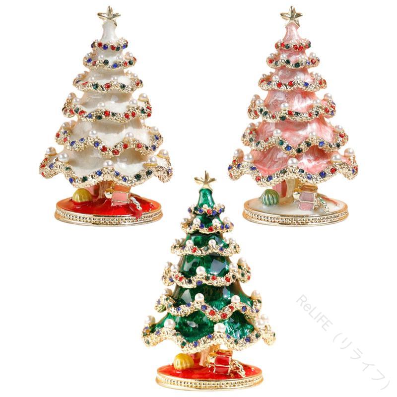 手描きエナメル仕上げクリスマスツリー装飾付きヒンジジュエリー小物ボックスクリスマスホーム装飾用ユ..