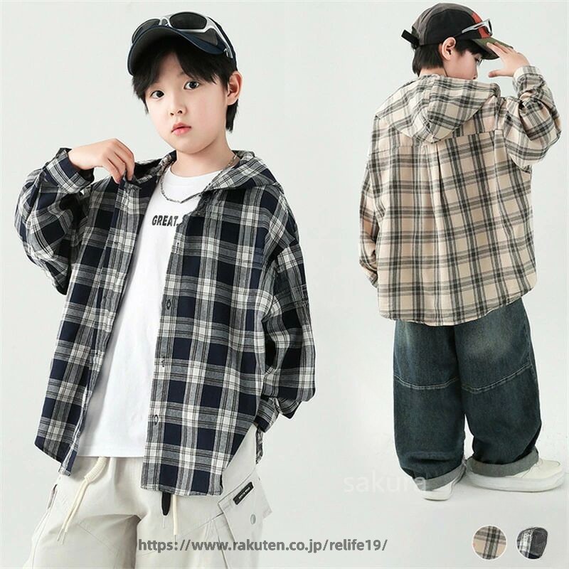 シャツ キッズ 男の子 ボーイズ 子供服 ライトアウター トップス 長袖 チェック フード付き パーカー 薄手 綿100％ コットン 秋アウター チェックシャツ ブラウス 長袖ブラウス 羽織り ビッグサイズ おしゃれで通気性良い子供用衣料
