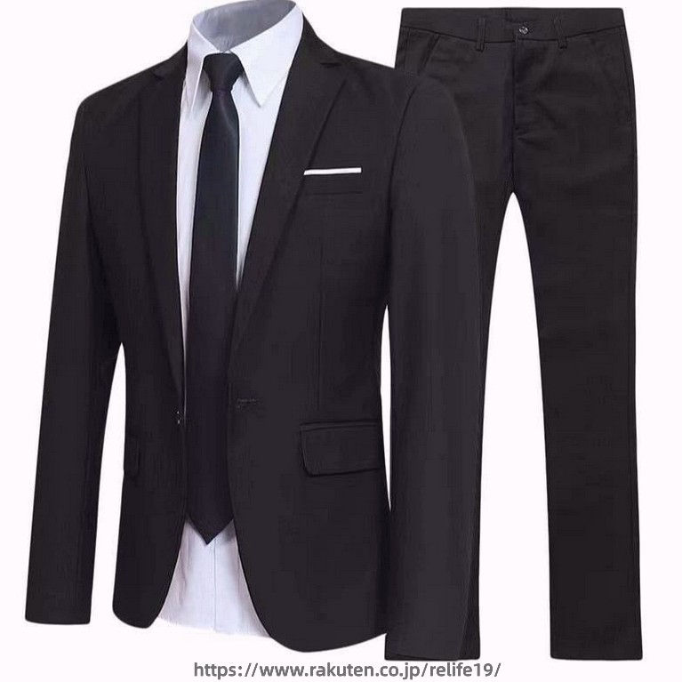 Trousers, Bottoms - スーツ メンズ 男性用 2つボタン シングルブレスト スリムフィット ビジネス カジュアル フォーマル 礼服 セットアップ 新郎 介添人 結婚式 二次会 パーティー 通年 黒 グレー ネイビー 上下 2点セット