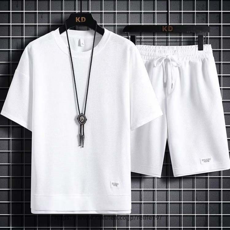 Rakuten - トップス ハーフパンツ tシャツ メンズ カットソー ワッフル 生地 上下 セット トレーナー 半袖 tシャツ ジャージ サルエル パンツ ズボン 通気性 ワイド 大きい サイズ 春夏