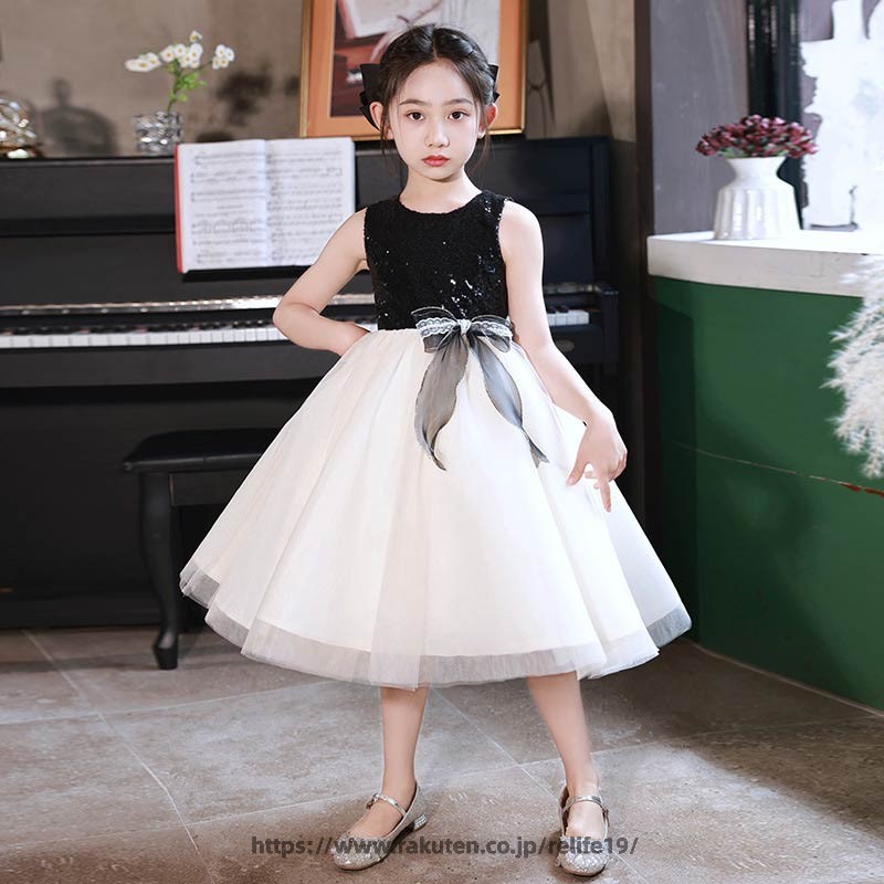 子供ドレス ショート丈 黒 白 スパンコール コンクール 演奏会ドレス リボン オシャレ 可愛い ステージドレス 女児ドレス ピアノ発表会 子どもドレス 七五三ドレス ブラック ホワイト 女の子ドレス 結婚式 キッズドレス チュール 100 110 120 130 140 150 160 2