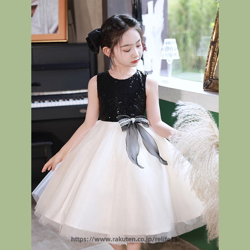 子供ドレス ショート丈 黒 白 スパンコール コンクール 演奏会ドレス リボン オシャレ 可愛い ステージドレス 女児ドレス ピアノ発表会 子どもドレス 七五三ドレス ブラック ホワイト 女の子ドレス 結婚式 キッズドレス チュール 100 110 120 130 140 150 160 3