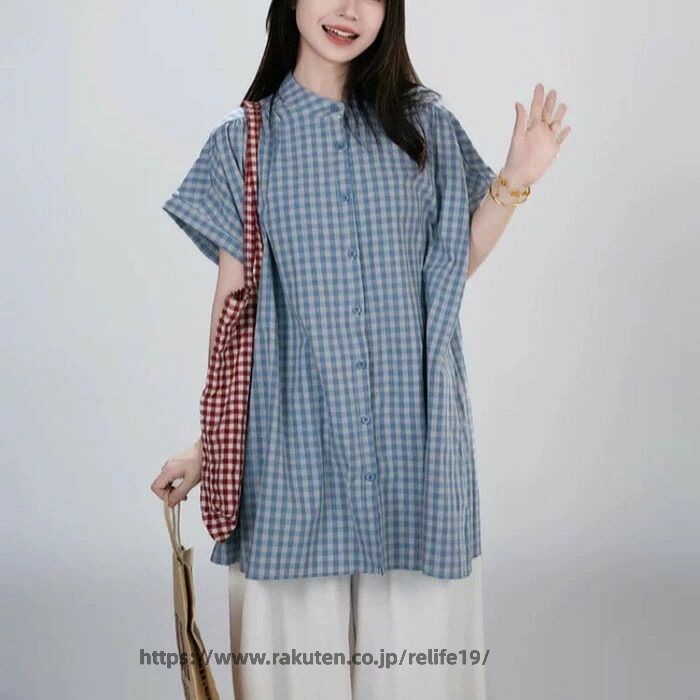 チュニック ブラウス レディース 半袖 夏 シャツ ギンガムチェック 前開き ボタン トップス 体型カバー ゆったり シャツブラウス 大きいサイズ 体型カバー 柔らか シンプル カジュアル 森ガール 大人可愛い チェック柄 チュニックブラウス 春 夏 秋 - 2