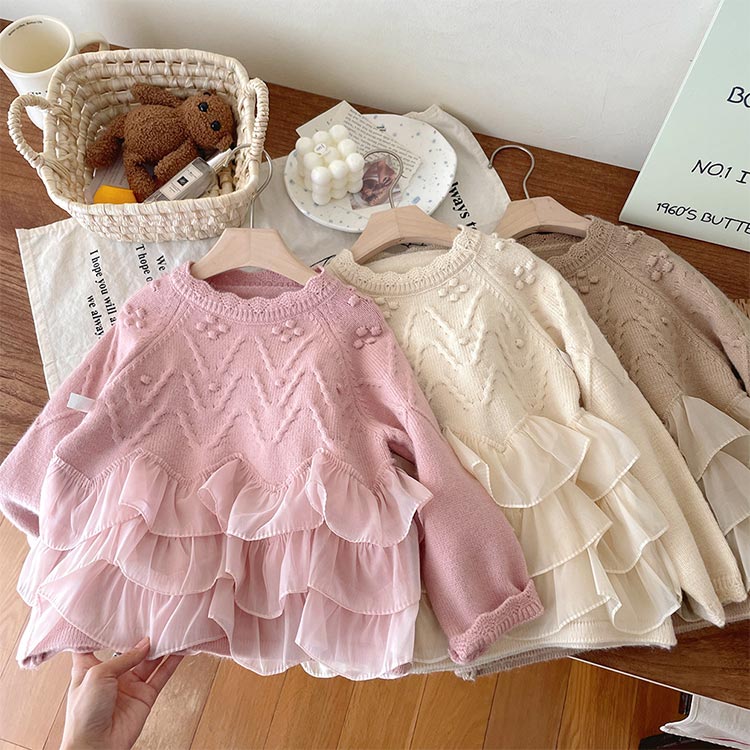 セーター 子供 女の子 ニット キッズ レース オーバーニット 春 秋 冬 トップス 子供服 ニットセーター 長袖 お姫様　洋服 オシャレ プリンセス 結婚式 発表会 七五三 入園式 入学式 誕生日 プレゼント ギフト アウター 冬服 丸い襟 プルオーバー 上着