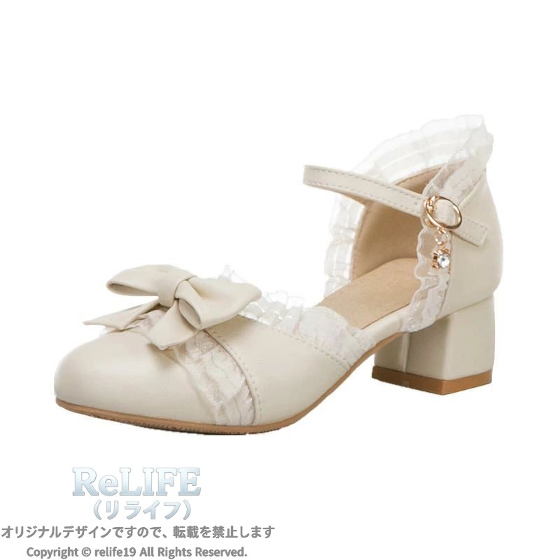 ロリータ 靴 女の子 ヒール 子供 プリンセス バックル オールシーズン PU ラウンドトゥ 白 ピンク ベージュ 大きいサイズ 中学生 ガーリー