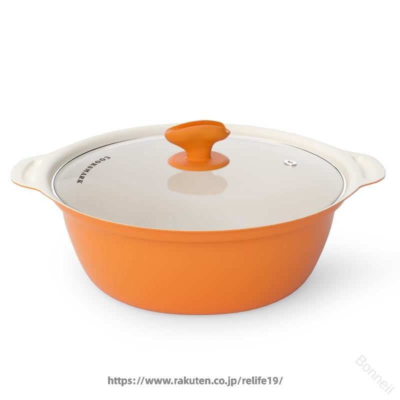 Rakuten - 卓上鍋 両手鍋 20~28cm IH対応 オール熱源対応 ガラス鍋蓋付 フッ素樹脂コート 割れない土鍋 火傷防止シリコン取っ手付 菜箸やお玉が置ける オレンジ レッド 鍋 キッチン用品 調理器具 調