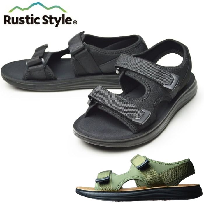 ラスティックスタイル Rustic Style 3651 メンズ サンダル シューズ 靴 アウトドア スポーツサンダル カジュアルシューズ 履きやすい靴 マジックテープ キャンプ アクティビティ 海 川 夏 ブラック カーキ