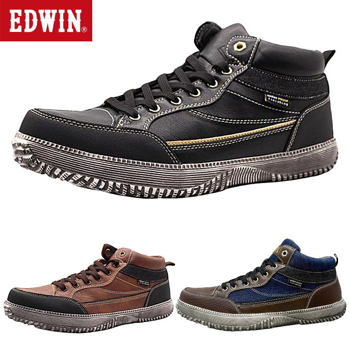 Rakuten - エドウィン EDWIN メンズ スニーカー ミッドカット カジュアル シューズ EDM-3602 軽量 防水 防滑 黒 ブラック 茶 ブラウン デニム