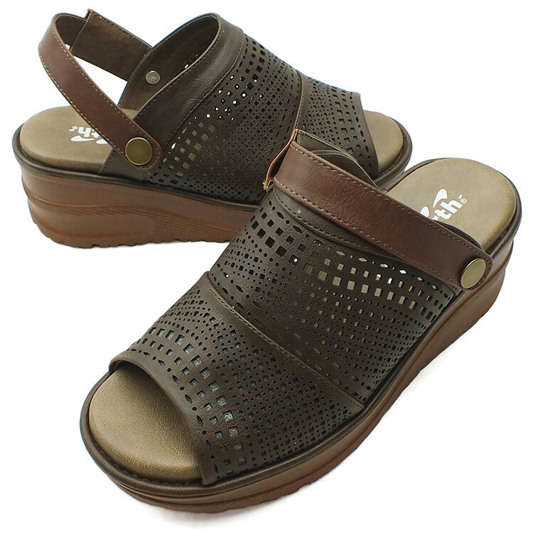 ECO EARTH エコアース サボサンダル ダークブラウン ミュール レディース つっかけ 厚底 2way バックストラップ コンフォート ウェッジソール オープントゥ カッティング 3E 幅広設計 防滑