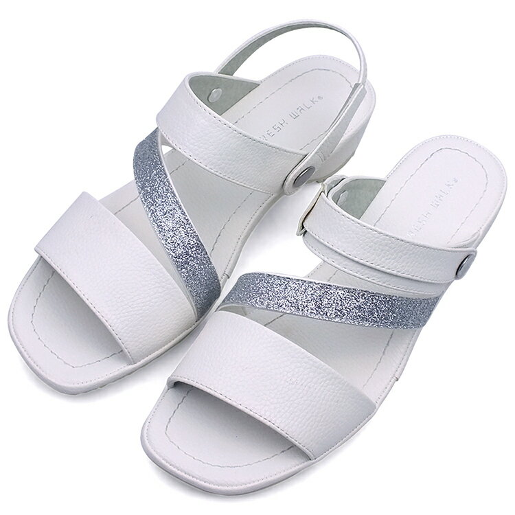 REFRESH WALK リフレッシュウォーク コンフォートサンダル ホワイト ラメ バックバンド ストラップ 2WAY オープントゥ スクエアカット 屈曲 軽量 快適 痛くない レディース プレゼント