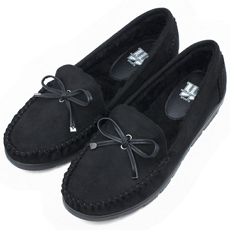 Wilson Lee SPORTS ウイルソンリースポーツ モカシンシューズ ブラック リボン 3E 幅広設計 ラウンドトゥ ムートン カジュアルシューズ シンプル フラット コンフォート 快適 屈曲 防寒 内ボア レディース
