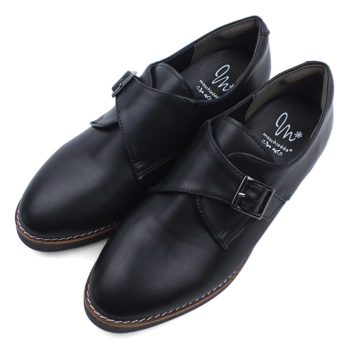 樂天商城 - maschietta マスチェッタ モンクストラップ カジュアルシューズ ブラック マニッシュ メンズライク おじ靴 コンフォート 3E EEE 幅広設計 軽量 厚底 プラットフォーム 本格ピース巻き レディース