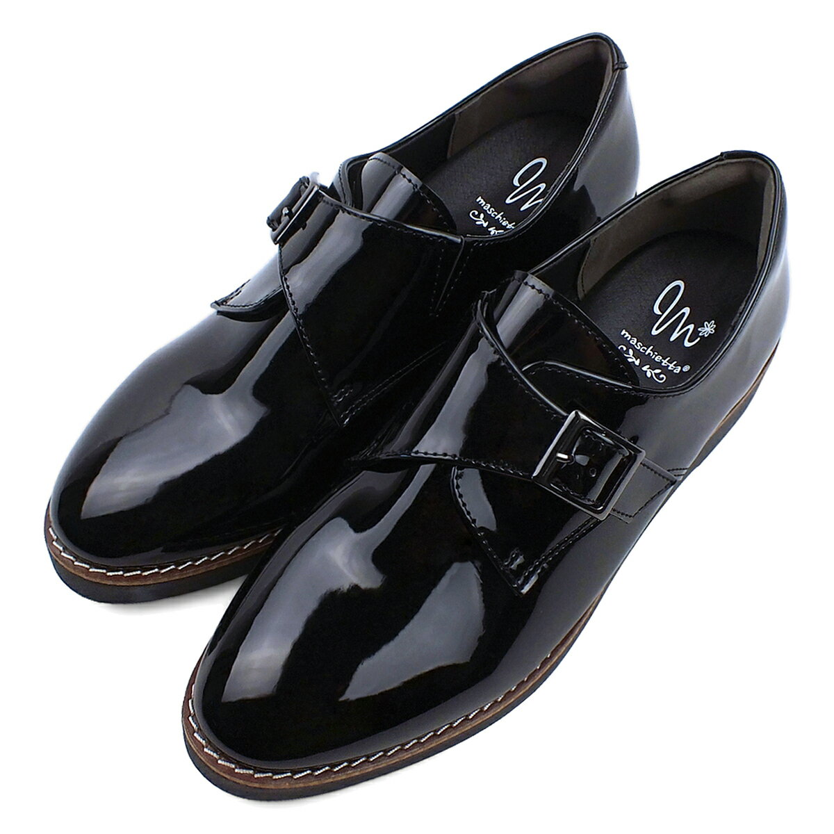 maschietta マスチェッタ モンクストラップ カジュアルシューズ ブラックエナメル マニッシュ メンズライク おじ靴 コンフォート 3E EEE 幅広設計 軽量 厚底 プラットフォーム 本格ピース巻き レディース