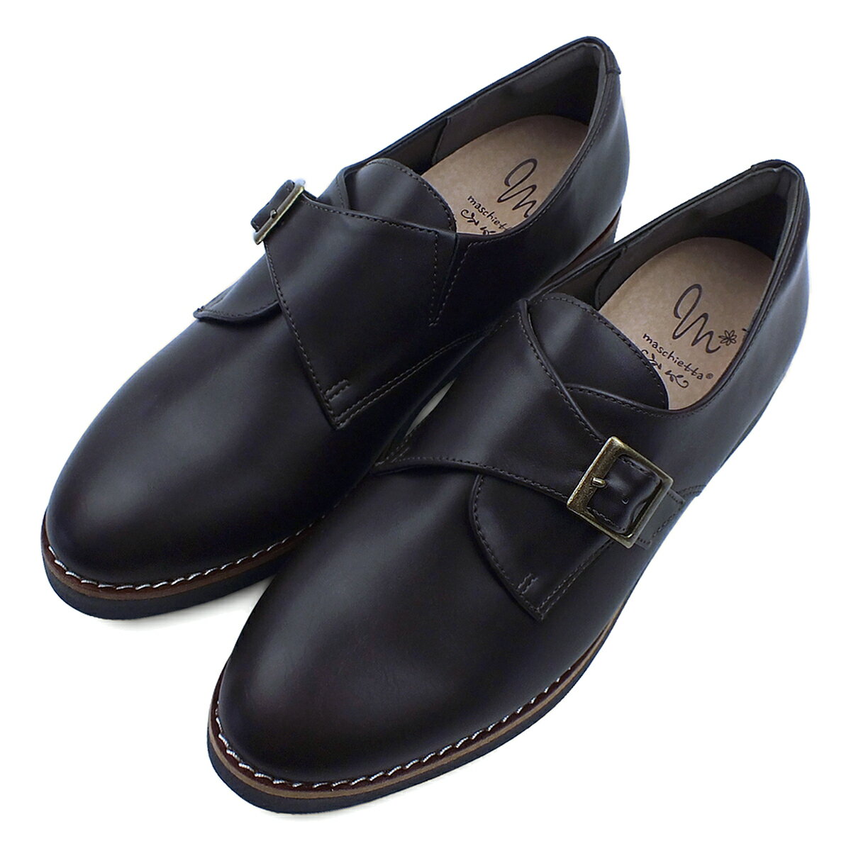 樂天商城 - maschietta マスチェッタ モンクストラップ カジュアルシューズ チョコ マニッシュ メンズライク おじ靴 コンフォート 3E EEE 幅広設計 軽量 厚底 プラットフォーム 本格ピース巻き レディース