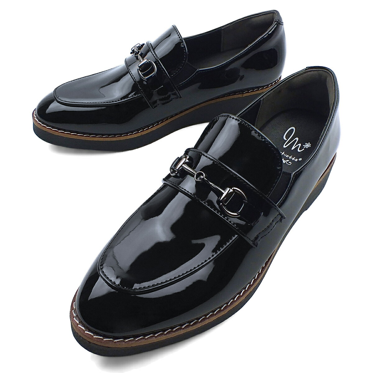 【楽天スーパーSALE】maschietta マスチェッタ ビットローファー ブラックエナメル マニッシュ おじ靴 カジュアル コンフォート 3E EEE 幅広設計 軽量 厚底 プラットフォーム 本格ピース巻き レディース