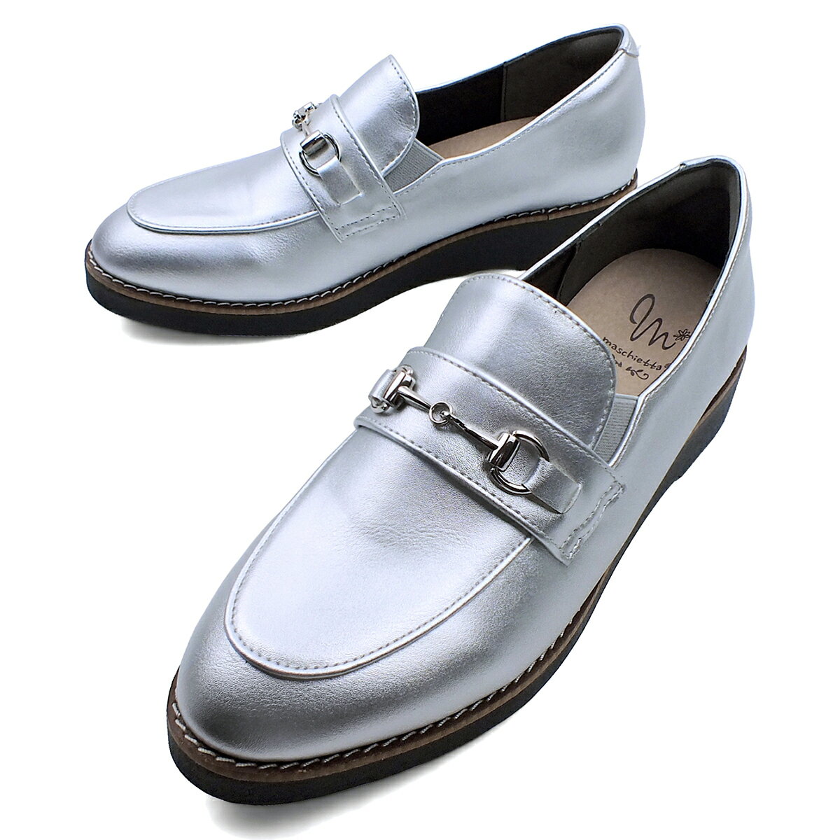 【楽天スーパーSALE】maschietta マスチェッタ ビットローファー シルバー マニッシュ おじ靴 カジュアル コンフォート 3E EEE 幅広設計 軽量 厚底 プラットフォーム 本格ピース巻き レディース