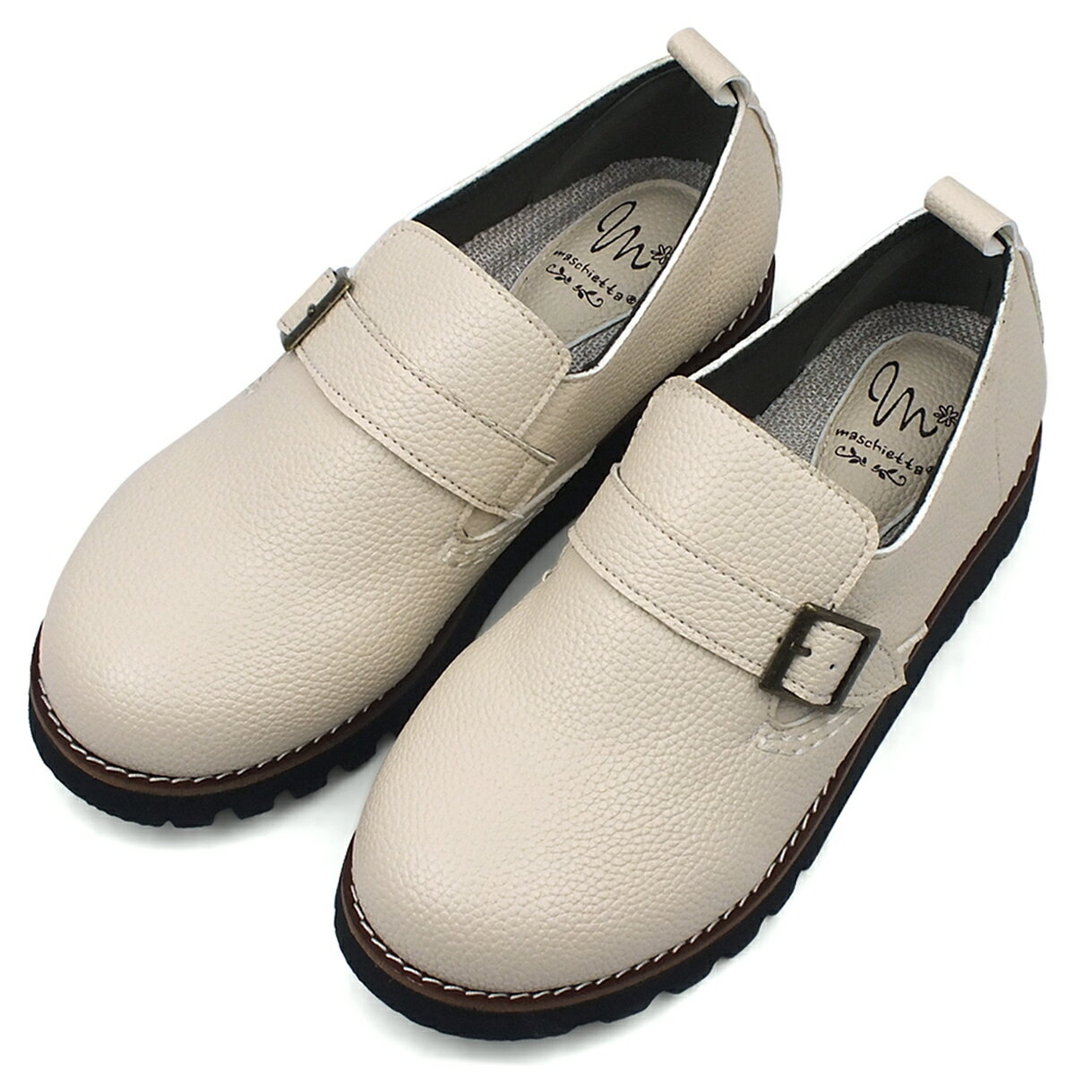 maschietta マスチェッタ カジュアルシューズ アイボリー ベルト付き オブリークトゥ コンフォート 4E ..