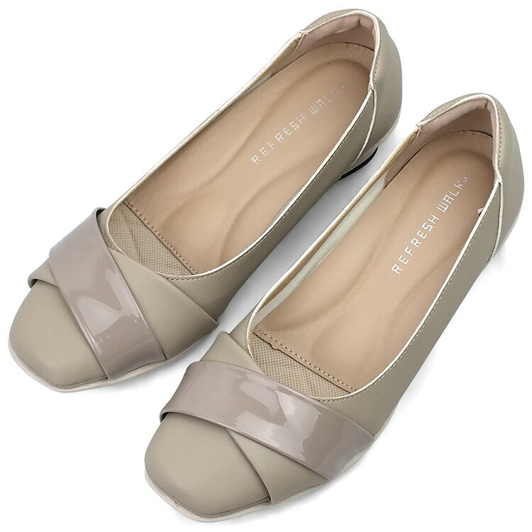 送料無料 REFRESH WALK リフレッシュウォーク パンプス ベージュ クロスベルト エナメル コンフォート 4E 幅広設計 超軽量 ウエッジソール 外反母趾 高屈曲 防滑 フォーマル オフィス 痛くない おしゃれ 歩きやすい
