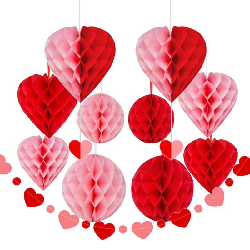 koundeneko バレンタイン 飾り付けセット 11点入り 丸型 ハート型 ハニカムボール ハートガーランド 吊り下げ飾り 結婚式 プロポーズ 記念日 お祝い 告白 サプライズ パーティー 店舗装飾 ペー