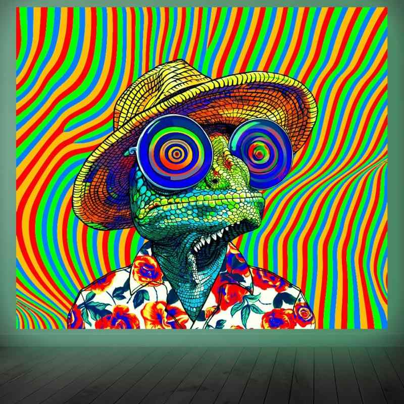 カメレオンブラックライトタペストリー 130×150cm UV反応性 暗闇で光る 壁掛け 寝室 部屋飾り 粘着シールクリップ付き ホームデコレーション