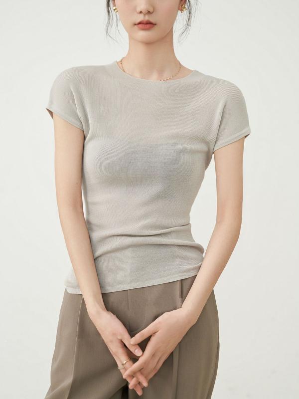 Rakuten - Tシャツ レディース 半袖 トップス カットソー プルオーバー 丸首 クルーネック テンセル 再生繊維 サマーニット 接触冷感 涼しい 軽量 無地 切り替え シンプル スリム カジュアル オフィス 通勤 普段使い 象灰 黄 灰