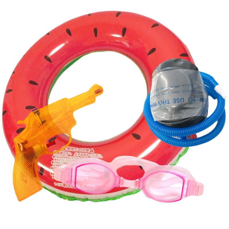 キッズ浮き輪 子供用ウキワセット スイカデザイン 【付属品 ジャニア水中ゴーグル 足踏みフットポンプ空気入れ クリスタルスケルトンカラー水鉄砲】プール・海水浴水遊びプレミアムセッ(3.0)