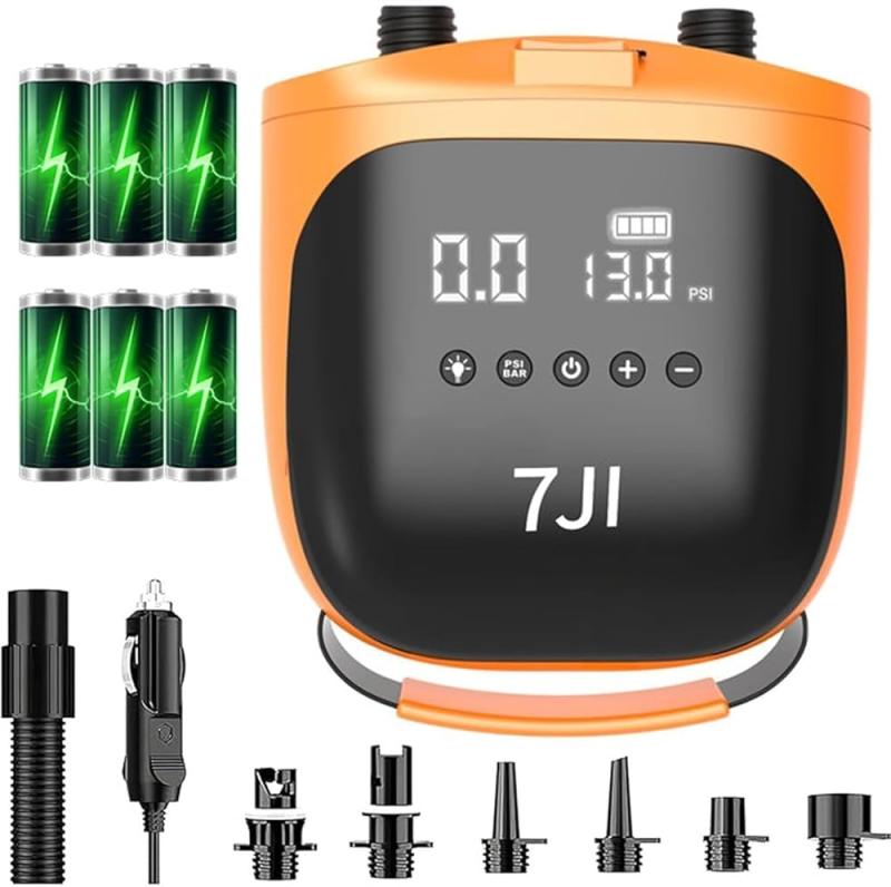 7JI サップ 電動ポンプ SUP用 電動パドルボードポンプ 空気入れ&空気抜き両対応 カヤック/浮き輪用に最適 ワンタッチ操作 低騒音≤85dB 6種類のノズル付き 大容量4000mAh電池 DC車コネクタ&