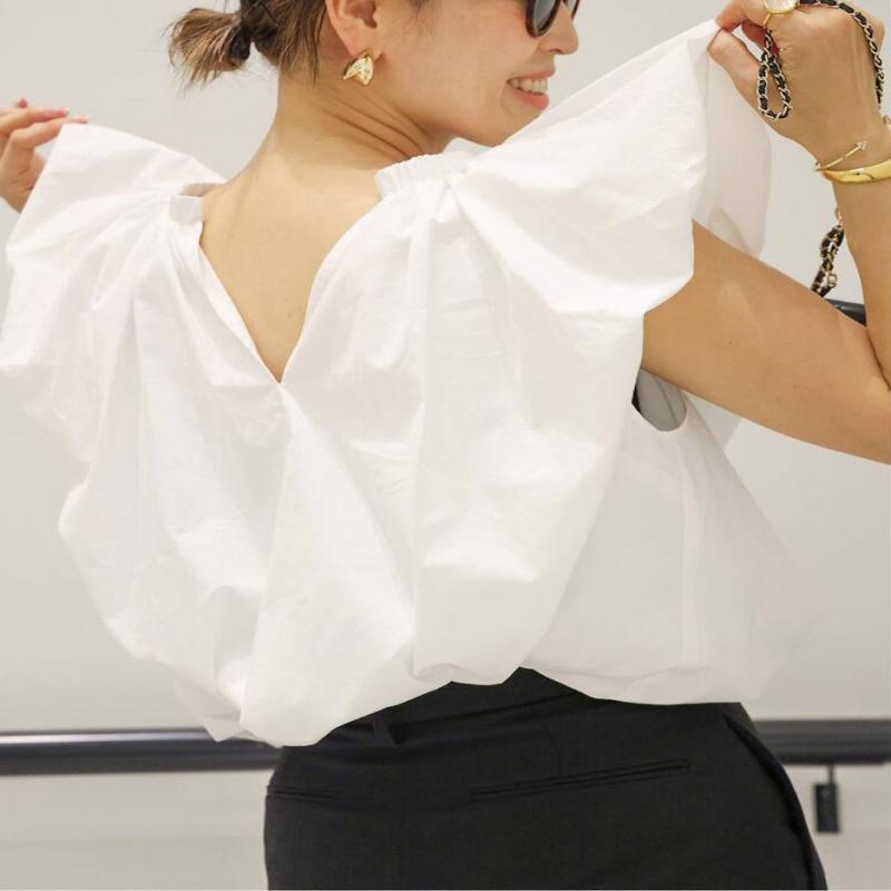 シャツ レディース 春夏 ノースリーブ フレンチスリーブ 襟なし Vネック プルオー...