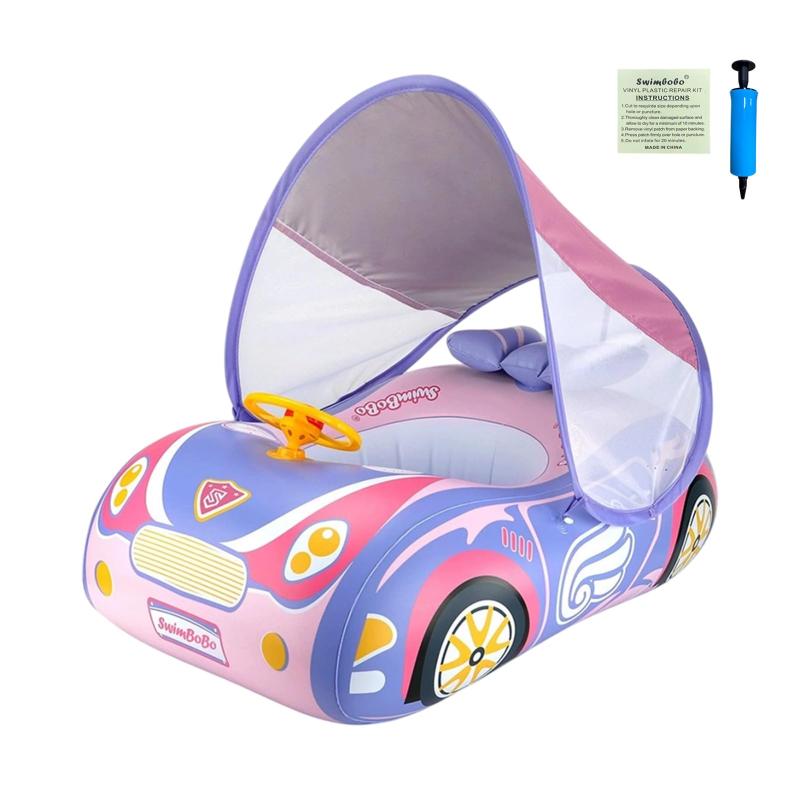 ベビー浮き輪 スーパースポーツカー 赤ちゃん用 足入れ浮き輪 UVカット日よけ SPF50+ 日焼け止め 取り外し可能なサンシェード ベビーフロート (ブルー ポンプ 1個 + 修復パッチ 1枚 付き)