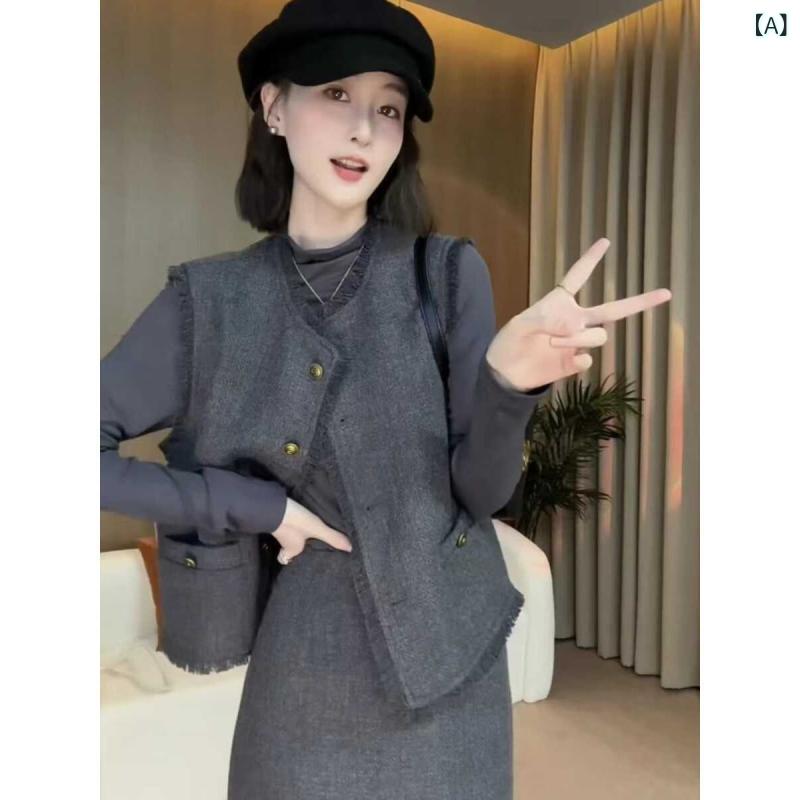 乐天商城 - ベスト レディース フレンチスリーブ ジレ チョッキ 羽織り アウター ノースリーブ トップス 秋冬 スリーブレス フリンジ エレガント 高級感 フェミニン スタイリッシュ カジュアル レイヤード 重ね着 ダブルボタン グレー カーキ ベージュ アイボリ
