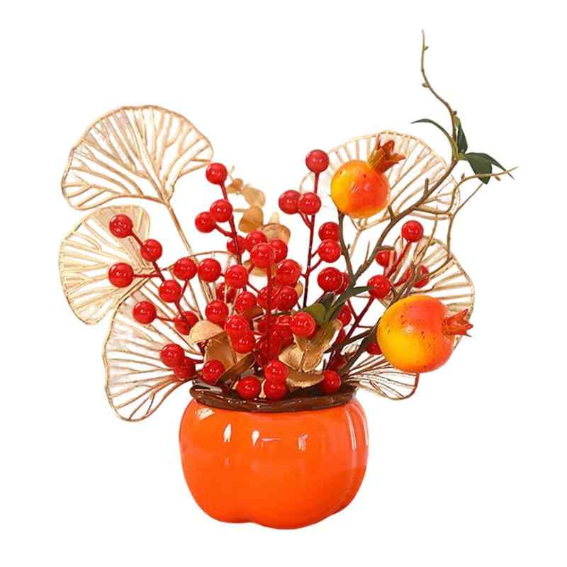 koundeneko 新年飾り 造花 赤いベリー 金の葉 ザクロ 鉢植え 盆栽 お正月 装飾 幸運 お金を招く 枯れな..