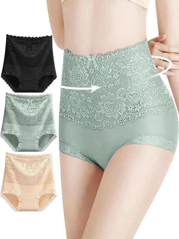 [KOXIFLI] ハイウェスト ショーツ レディース 3枚セット 美尻 純綿 レース パンティー お腹引き締め 通気性と伸縮性 締め付けない 女性用下着 深め [並行輸入品]