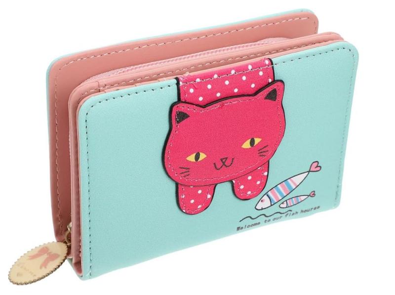[Kingfisher] 財布 女の子 二つ折り キッズ財布 PUレザー製 「キュートな猫デザインが特徴」