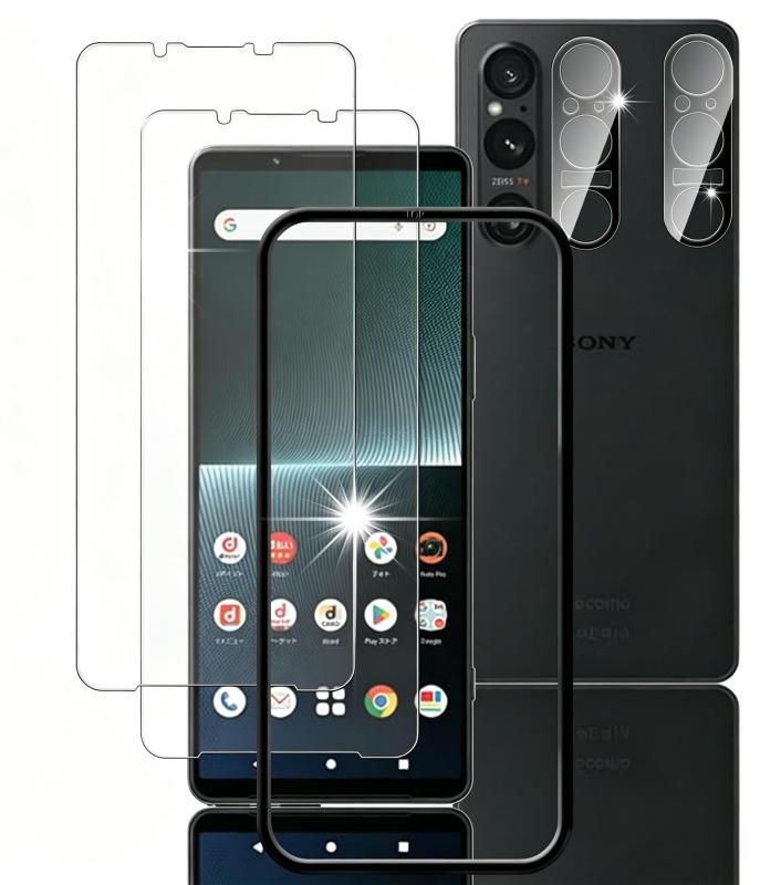kawaylJP ガラスフィルム Xperia 1 V用 2枚 + カメラフィルム 2枚 日本旭硝子素材 ガイド枠付き 強化ガラス 液晶保護 硬度9H 耐衝撃 高透過率 撥水撥油 気泡防止 高感度タッチ 指紋防止