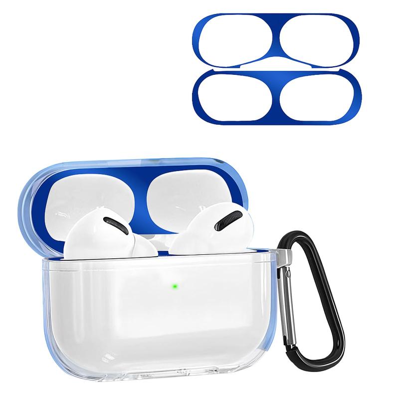 FAZHAN 対応 AirPods Pro3 ケース 透明 【ブルー ダストガード付き】 ソフトTPU素材 分離式 LED可視 ワイヤレス充電対応 耐衝撃 防水 防塵 軽量デザイン 傷防止 紛失防止 シンプルスリム カラビナ付