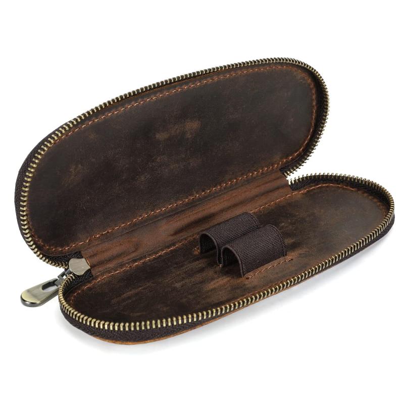 Contact's family コーヒー色クレイジーホースレザー ペン収納ケース2本 旅行通勤