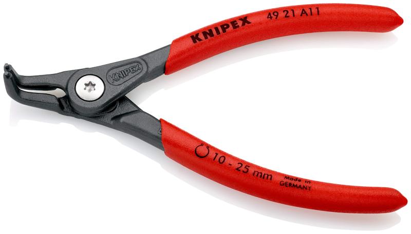クニペックス KNIPEX 曲型 軸用精密スナップリングプライヤーSB 4921-A11全長(mm)：130 質量(g)：102対応シャフト径(φmm)：10-25先端チップ径(φmm)：1.3先端曲がり角度(°)：90●ヘッド仕上げ：グレー防錆コート<br>●ハンドル仕上げ：プラスチックコーティング（滑り防止仕上げ）<br>●差込先端部仕上げ：ばね鋼線引き抜き加工<br>●プライヤーボディ材質：クロムバナジウム電気鋼(油焼き入れ)<br>●先端チップは強靭な特殊バネ鋼製。<br>●長時間使用における高負荷に耐え、ツール寿命は一般的なスナップリングプライヤーの10倍以上です。<br>●スクリュージョイントを採用しており、大変滑らかに可動します。