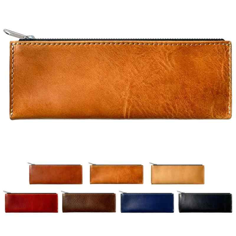 ペンケース 革 薄型 本革 コンパクト スリム 筆箱 ペン入れ 筆入れ シンプル 高級 ステーショナリー イタリアンレザー タンニンなめし YKKファスナー使用 ミズーリベリー