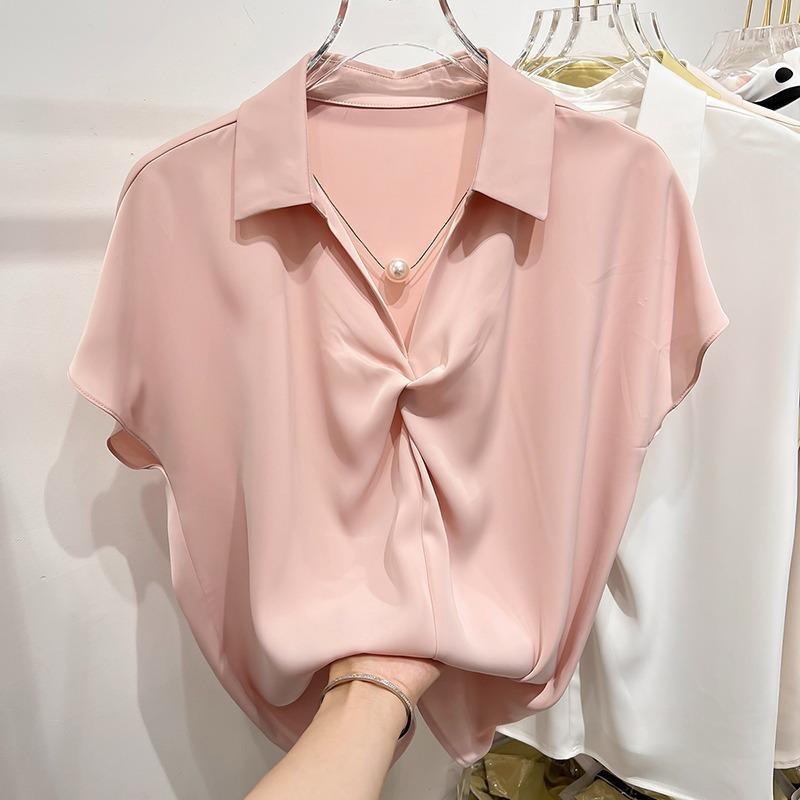 Rakuten - シャツ レディース 半袖 シフォンシャツ ブラウス トップス カットソー プルオーバー 襟付き POLO領 折り襟 褶皺 ギャザー シャーリング 無地 薄手 涼しい 体型カバー 着痩せ オフィス ビジネス 通勤用 通学 普段使い カジュアル きれいめ 大