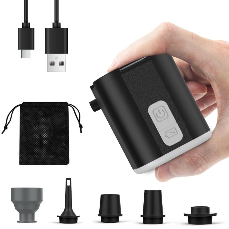 エアーポンプ 電動 空気入れ・空気抜き 携帯式エアーポンプ【5つのノズル＆ライト付＆収納袋付】USB充電式 超軽量 4Kpa 空気入れ 空気抜く 浮き輪 エアベット 真空袋 適用 (black)