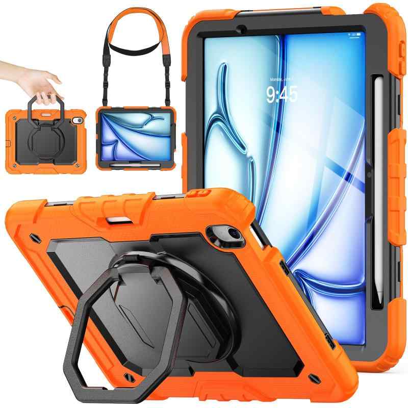 SEYMAC stock iPad Air(M3/M2) 11インチ（2025/2024）リングハンドル耐衝撃ケース 保護フィルム付き前面カバー ペン収納 360°回転リングハンドルスタンド ショルダーストラップ iPad Air 11 第7/6世代専用